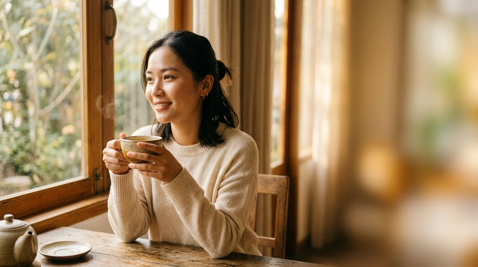 Người phụ nữ da sáng khỏe bên tách trà thảo mộc ấm áp