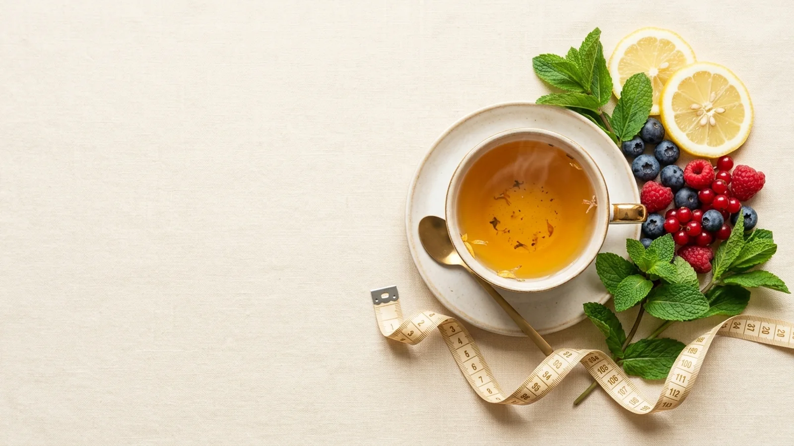 Tách trà thảo mộc cùng trái cây tươi nhìn từ trên xuống