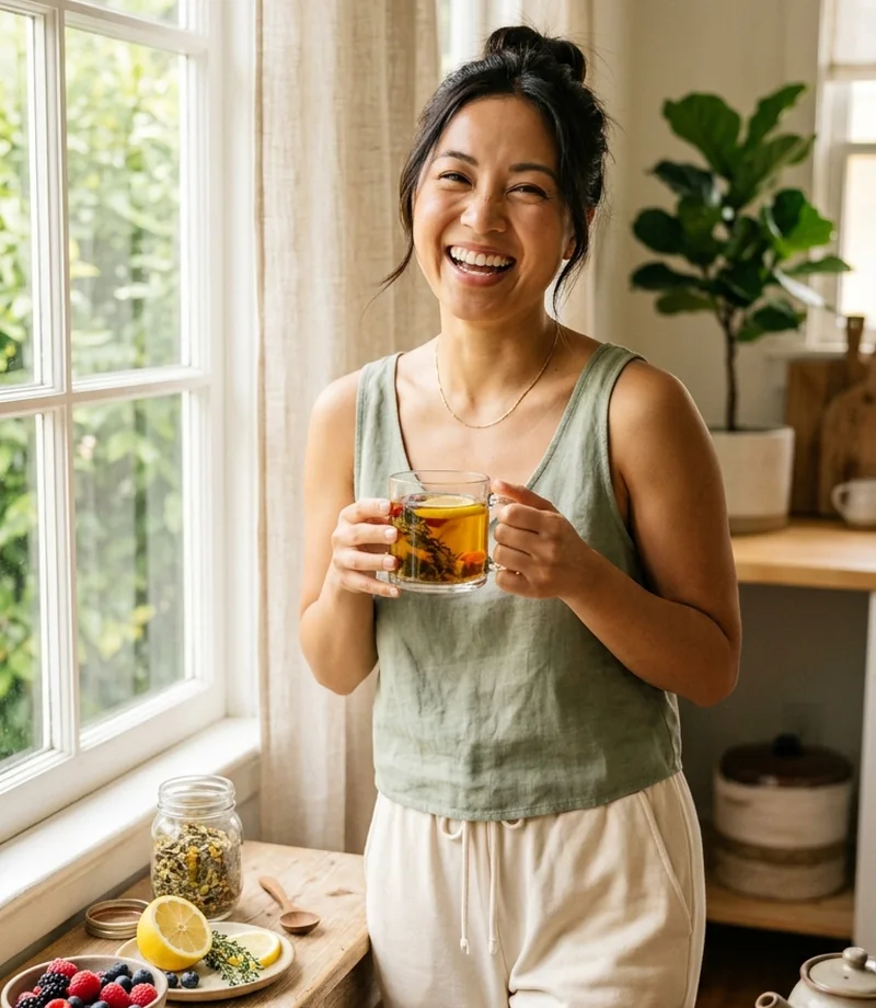 Người phụ nữ khỏe khoắn bên tách trà thảo mộc và trái cây tươi