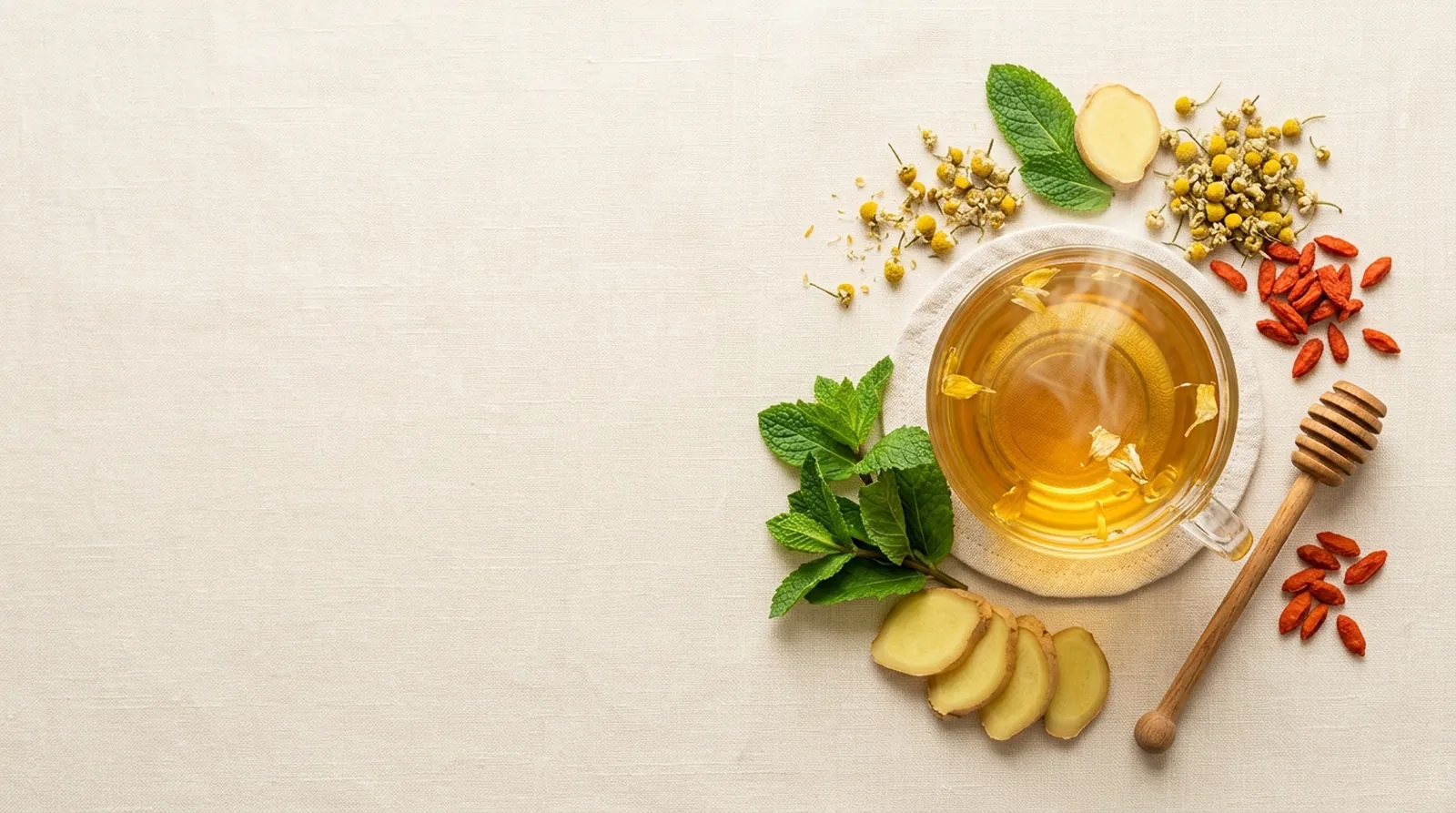 Tách trà thảo mộc cùng thảo mộc tươi trên nền sáng