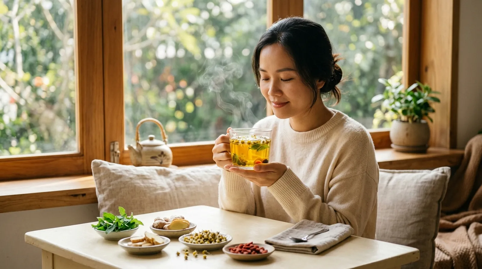 Người phụ nữ khoẻ khoắn thư thái bên tách trà thảo mộc và cây xanh
