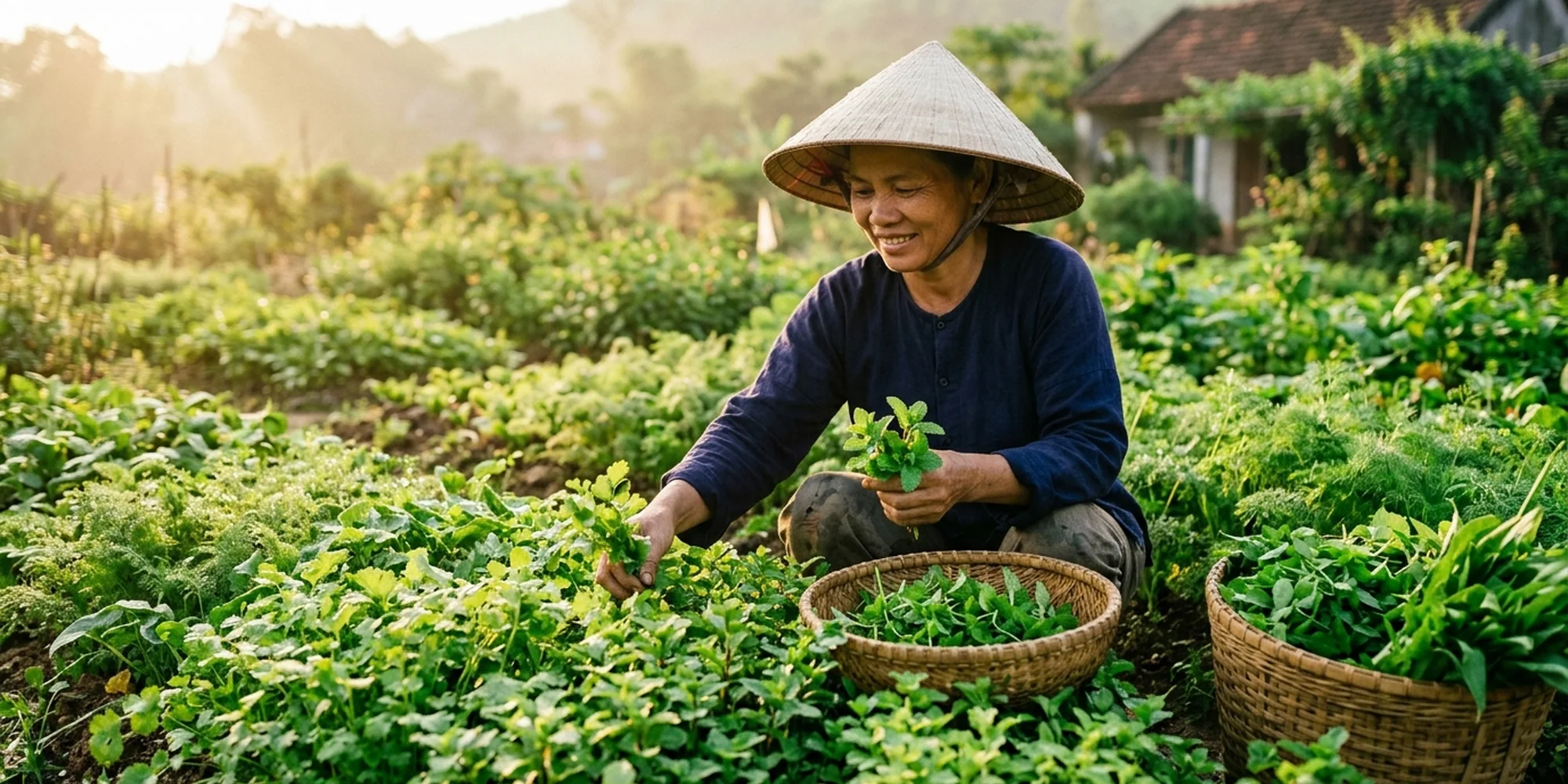 Hái thảo mộc tươi trong vườn